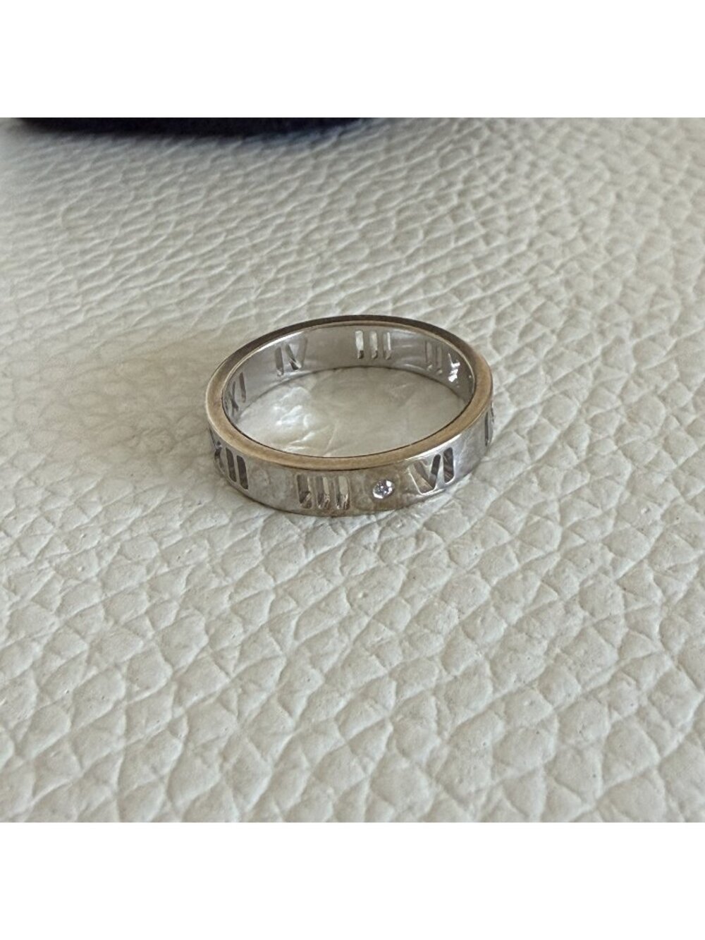 TIFFANY & CO. Atlas 18k White Gold Roman Numerals Diamonds Pierced Band Ring 6.5